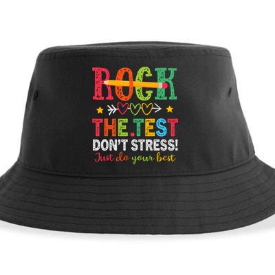 Rock The Test Don't Stress Just Do Your Best Teacher Testing Sustainable Bucket Hat