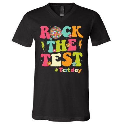 Rock The Test Testing Day Retro Smile Face Teacher Student V-Neck T-Shirt