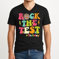 Rock The Test Testing Day Retro Smile Face Teacher Student V-Neck T-Shirt