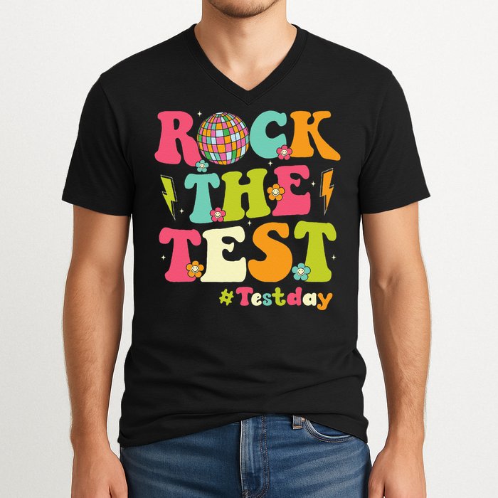 Rock The Test Testing Day Retro Smile Face Teacher Student V-Neck T-Shirt