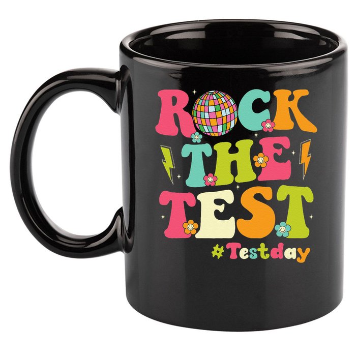 Rock The Test Testing Day Retro Smile Face Teacher Student 11oz C Handle Ceramic Mug