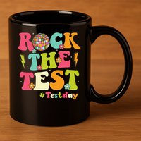 Rock The Test Testing Day Retro Smile Face Teacher Student 11oz C Handle Ceramic Mug