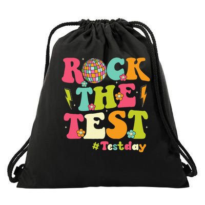 Rock The Test Testing Day Retro Smile Face Teacher Student Drawstring Bag