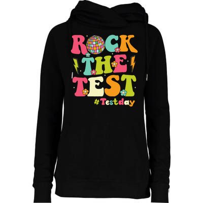 Rock The Test Testing Day Retro Smile Face Teacher Student Womens Funnel Neck Pullover Hood