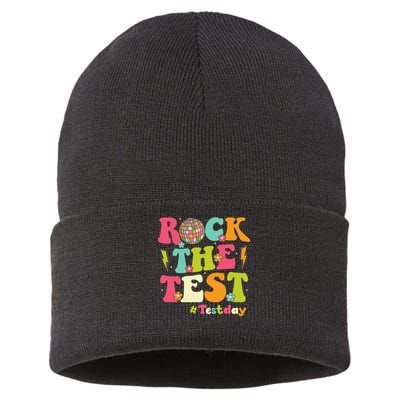 Rock The Test Testing Day Retro Smile Face Teacher Student Sustainable Knit Beanie