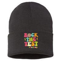 Rock The Test Testing Day Retro Smile Face Teacher Student Sustainable Knit Beanie