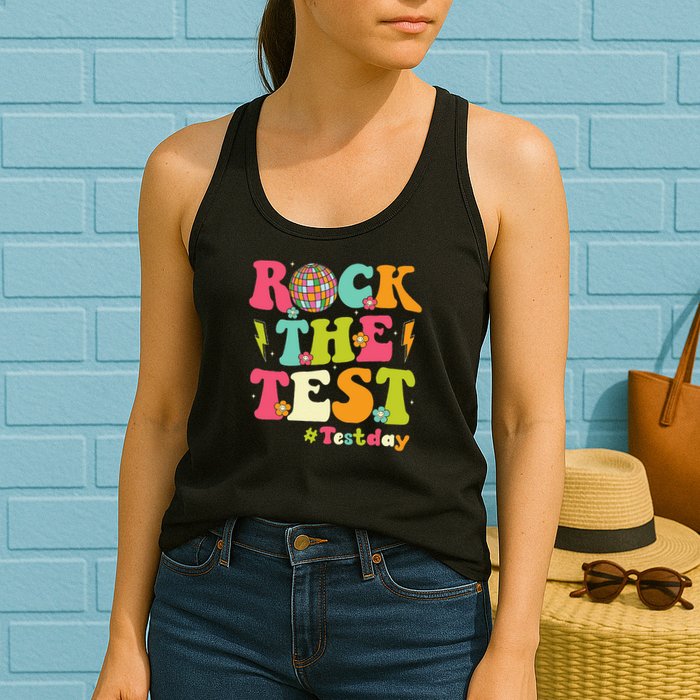 Rock The Test Testing Day Retro Smile Face Teacher Student Womens Tank Top