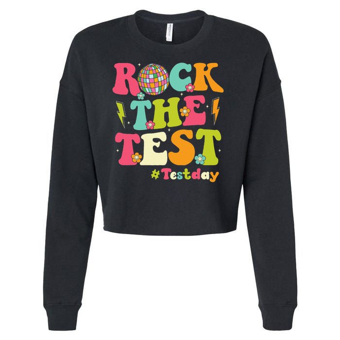 Rock The Test Testing Day Retro Smile Face Teacher Student Cropped Pullover Crew