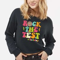 Rock The Test Testing Day Retro Smile Face Teacher Student Cropped Pullover Crew