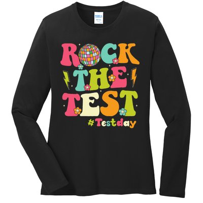 Rock The Test Testing Day Retro Smile Face Teacher Student Ladies Long Sleeve Shirt