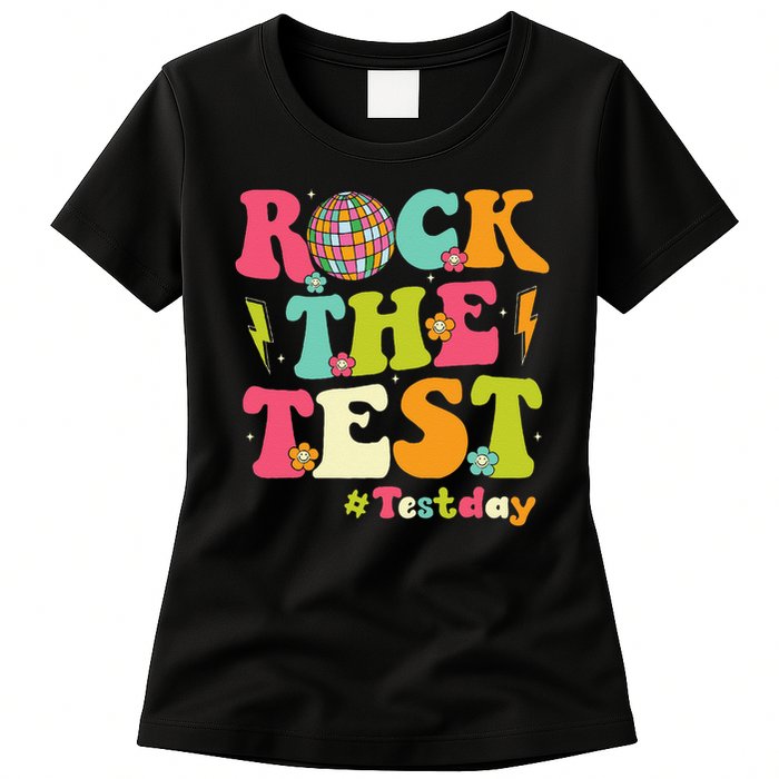 Rock The Test Testing Day Retro Smile Face Teacher Student Womens T-Shirt