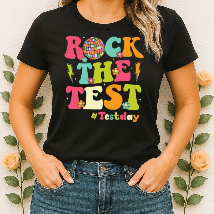 Rock The Test Testing Day Retro Smile Face Teacher Student Womens T-Shirt