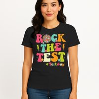 Rock The Test Testing Day Retro Smile Face Teacher Student Womens T-Shirt