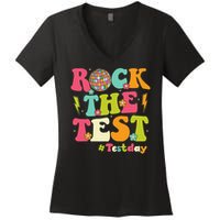 Rock The Test Testing Day Retro Smile Face Teacher Student Women's V-Neck T-Shirt