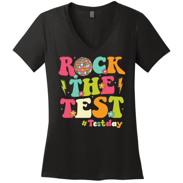 Rock The Test Testing Day Retro Smile Face Teacher Student Women's V-Neck T-Shirt