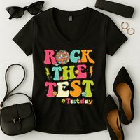 Rock The Test Testing Day Retro Smile Face Teacher Student Women's V-Neck T-Shirt