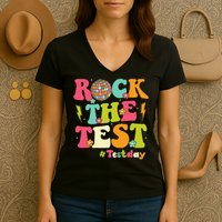 Rock The Test Testing Day Retro Smile Face Teacher Student Women's V-Neck T-Shirt