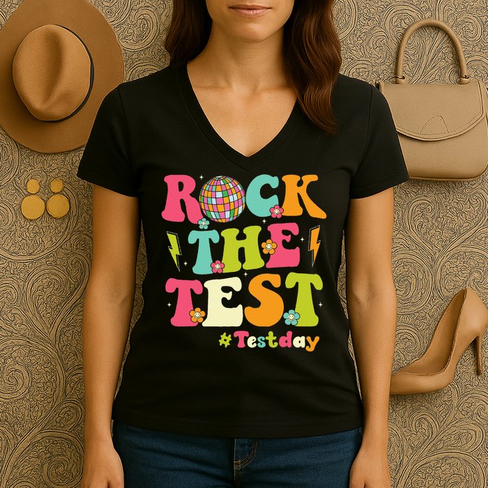 Rock The Test Testing Day Retro Smile Face Teacher Student Women's V-Neck T-Shirt