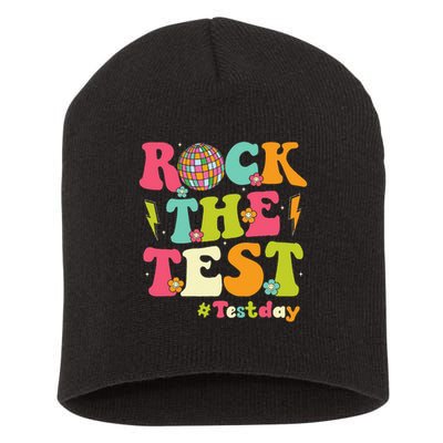 Rock The Test Testing Day Retro Smile Face Teacher Student Short Acrylic Beanie