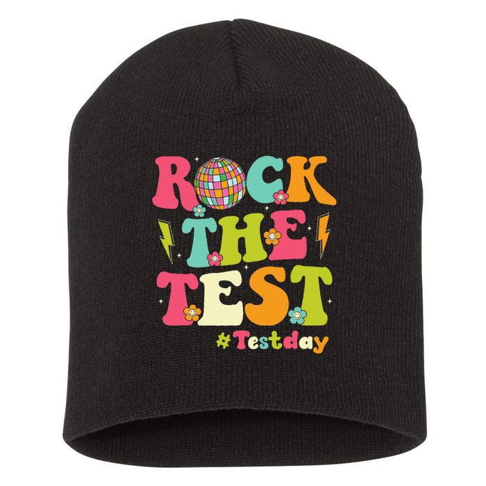 Rock The Test Testing Day Retro Smile Face Teacher Student Short Acrylic Beanie
