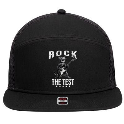 Rock The Test Teacher Test Day Cat Lover State Testing 7 Panel Mesh Trucker Snapback Hat