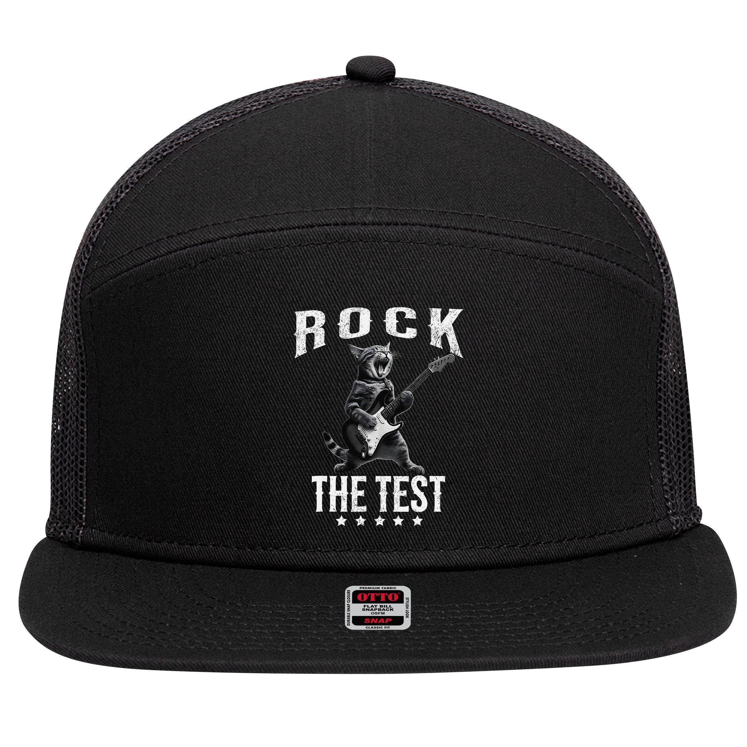 Rock The Test Teacher Test Day Cat Lover State Testing 7 Panel Mesh Trucker Snapback Hat