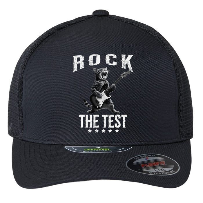 Rock The Test Teacher Test Day Cat Lover State Testing Flexfit Unipanel Trucker Cap