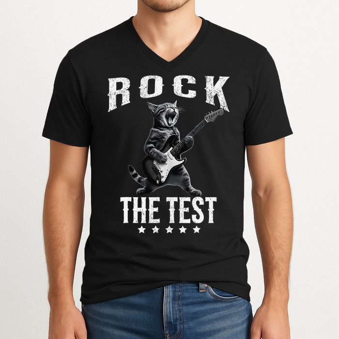 Rock The Test Teacher Test Day Cat Lover State Testing V-Neck T-Shirt