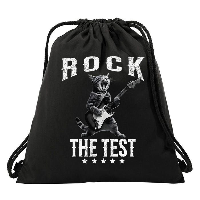 Rock The Test Teacher Test Day Cat Lover State Testing Drawstring Bag