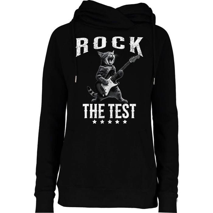 Rock The Test Teacher Test Day Cat Lover State Testing Womens Funnel Neck Pullover Hood