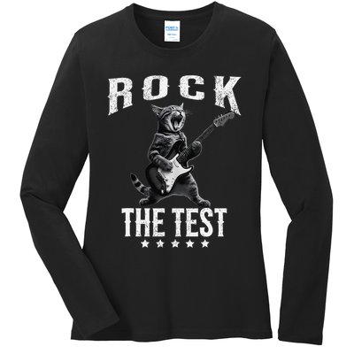 Rock The Test Teacher Test Day Cat Lover State Testing Ladies Long Sleeve Shirt