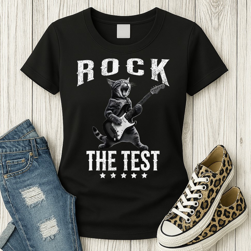 Rock The Test Teacher Test Day Cat Lover State Testing Womens T-Shirt