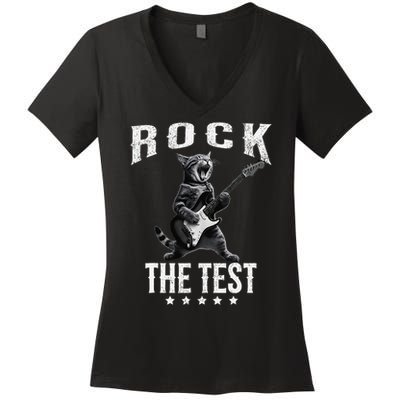 Rock The Test Teacher Test Day Cat Lover State Testing Women's V-Neck T-Shirt