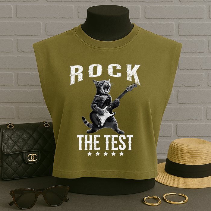 Rock The Test Teacher Test Day Cat Lover State Testing Garment-Dyed Women's Muscle Tee