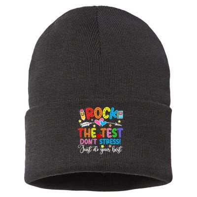 Rock The Test Don't Stress Just Do Your Best Funny Testing Day Sustainable Knit Beanie