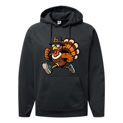 Running Turkey Turkey Trot Running Thanksgiving Performance Fleece Hoodie