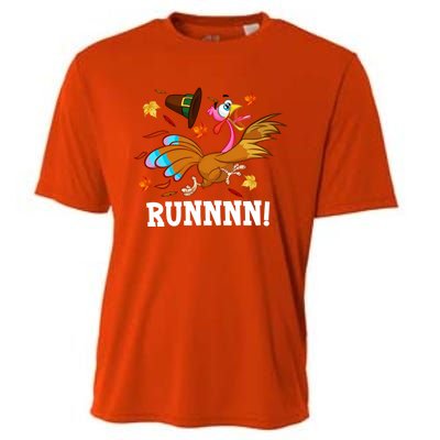 Run Turkey Thanksgiving Autumn Fall Leaves Thankful Grateful Cool Gift Cooling Performance Crew T-Shirt