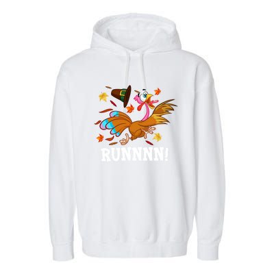 Run Turkey Thanksgiving Autumn Fall Leaves Thankful Grateful Cool Gift Garment-Dyed Fleece Hoodie