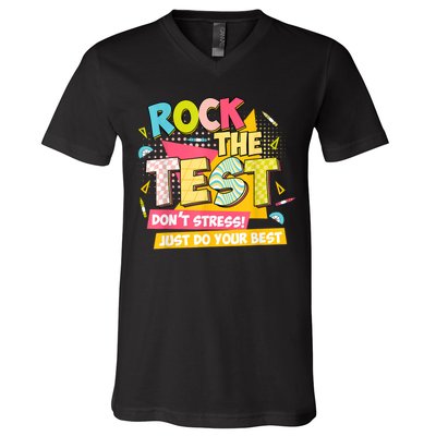 Rock The Test Day Motivational Retro Teachers Testing Day V-Neck T-Shirt