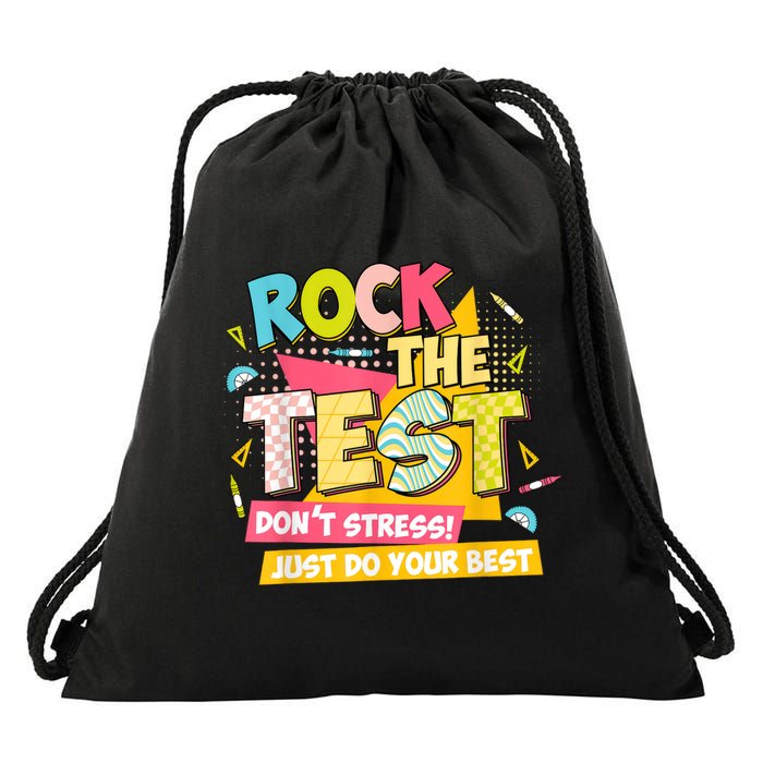 Rock The Test Day Motivational Retro Teachers Testing Day Drawstring Bag
