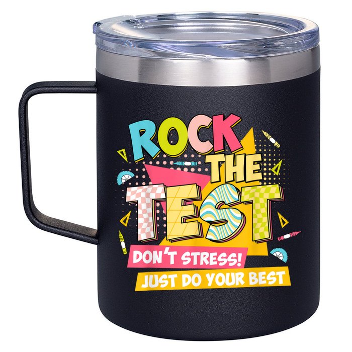 Rock The Test Day Motivational Retro Teachers Testing Day 12oz Stainless Steel Coffee Mug