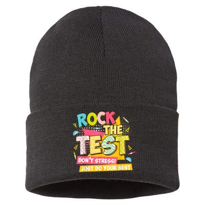 Rock The Test Day Motivational Retro Teachers Testing Day Sustainable Knit Beanie