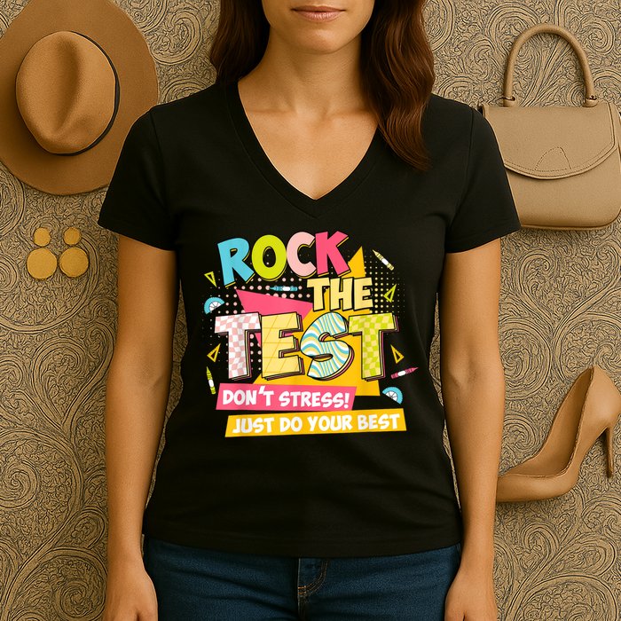 Rock The Test Day Motivational Retro Teachers Testing Day Women's V-Neck T-Shirt