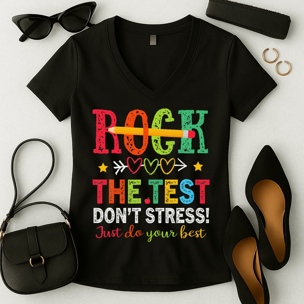 Rock The Test Dont Stress Just Do Your Best Teacher Testing Women's V-Neck T-Shirt