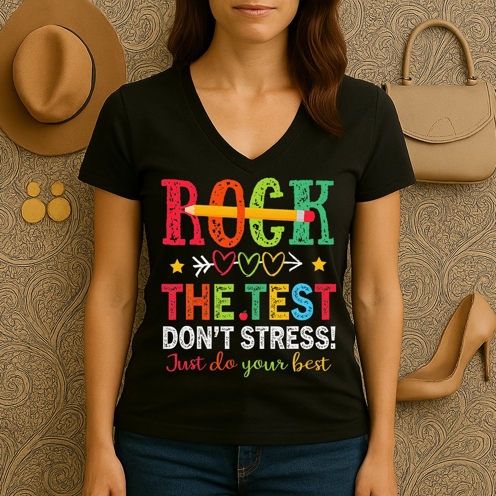 Rock The Test Dont Stress Just Do Your Best Teacher Testing Women's V-Neck T-Shirt