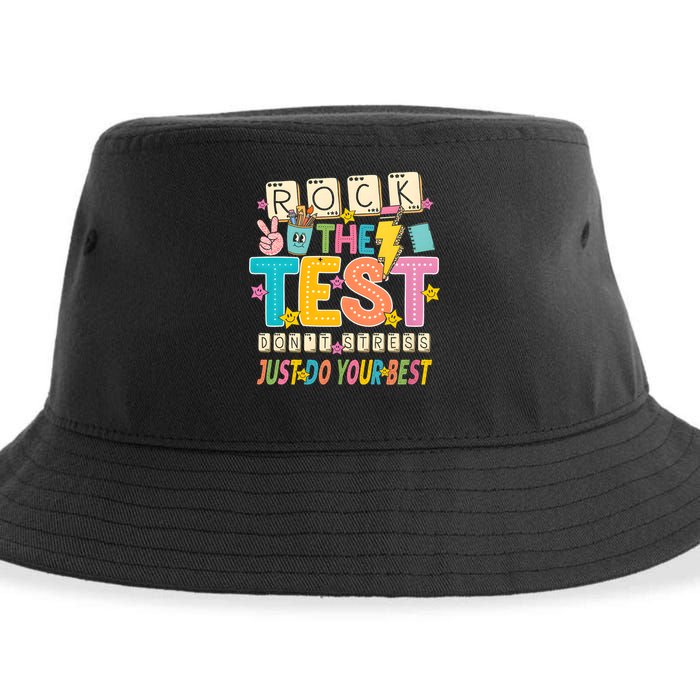 Rock The Test Don't Stress Just Do Your Best Teacher Testing Sustainable Bucket Hat
