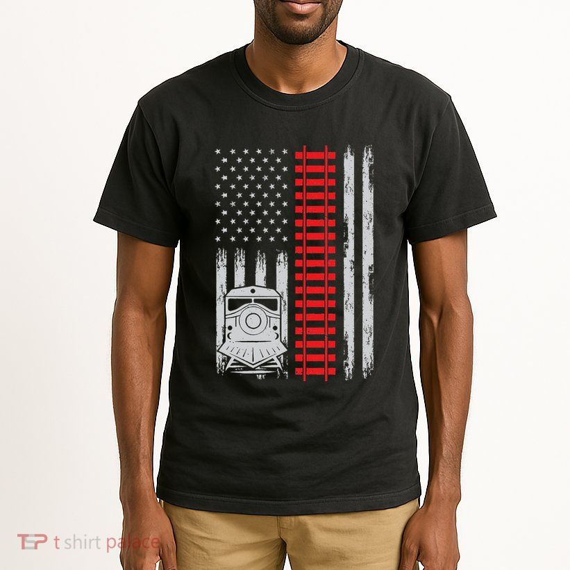 Railroad Train Usa Flag American Train Conductor Railway Tall T-Shirt