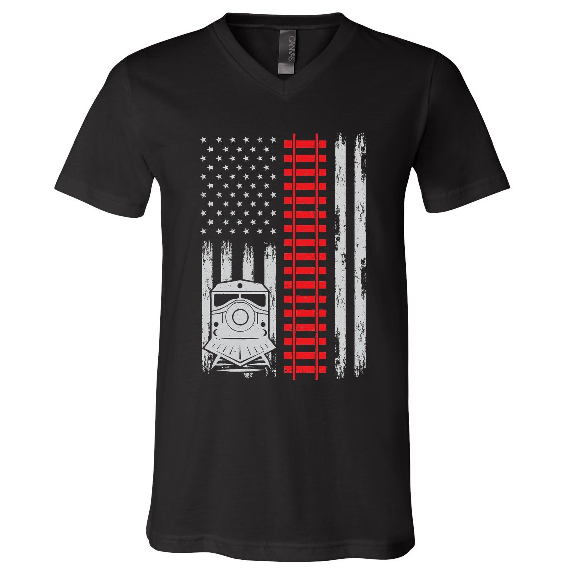 Railroad Train Usa Flag American Train Conductor Railway V-Neck T-Shirt