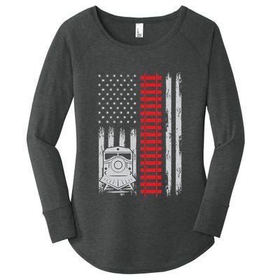 Railroad Train Usa Flag American Train Conductor Railway Women's Perfect Tri Tunic Long Sleeve Shirt