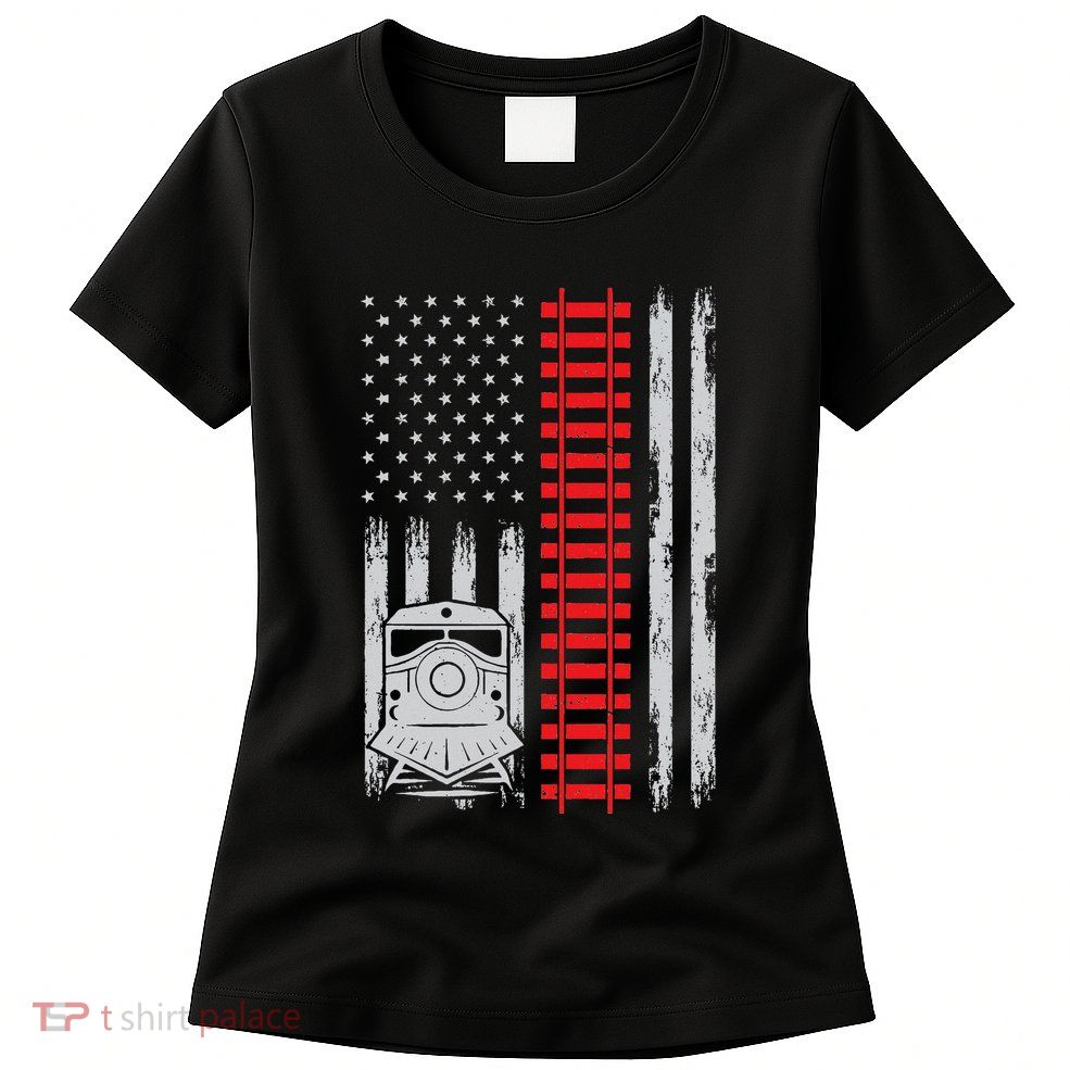 Railroad Train Usa Flag American Train Conductor Railway Womens T-Shirt